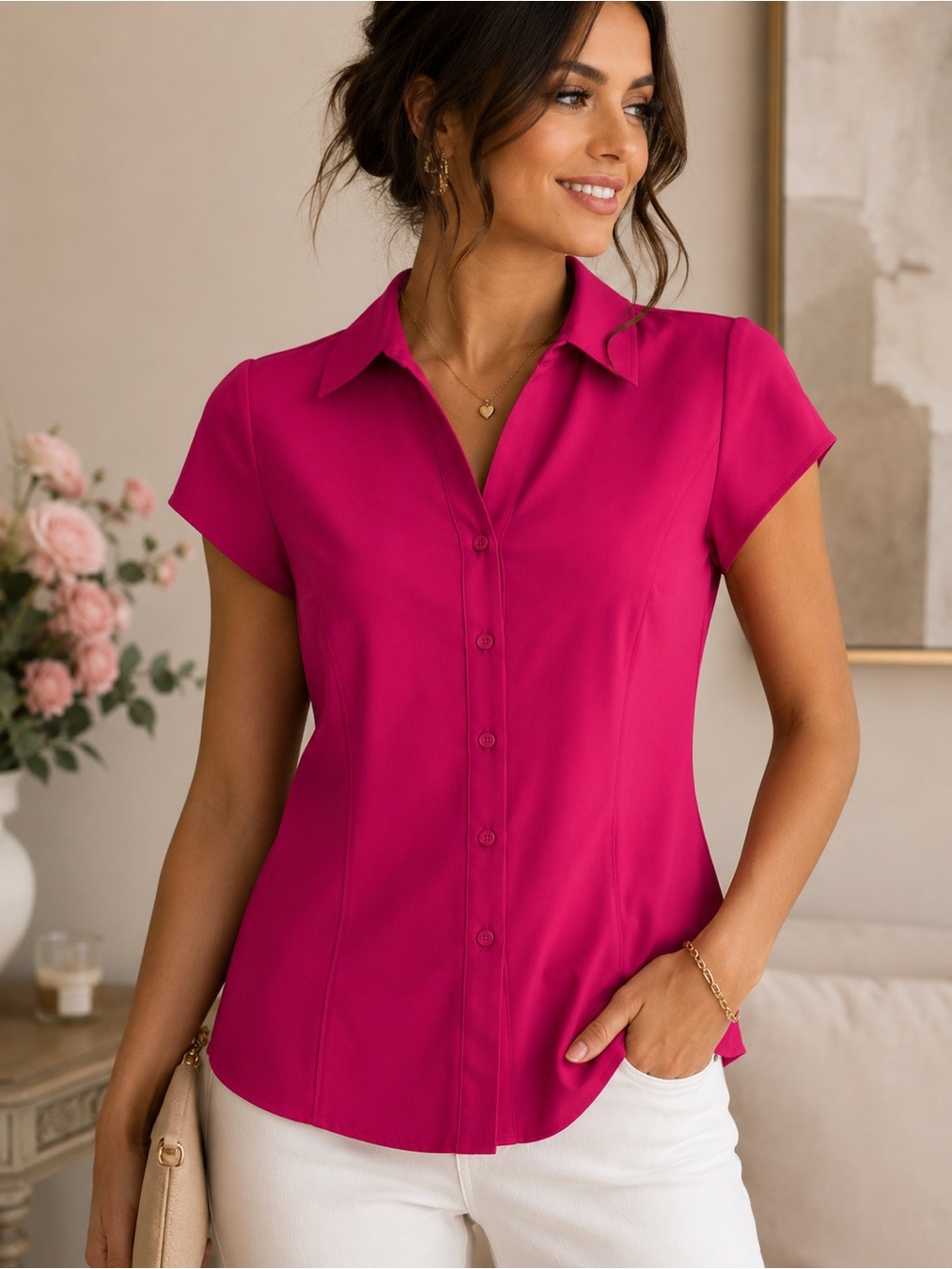 Style & Co Fuchsia Stretch Button Front Career Blouse Size 16